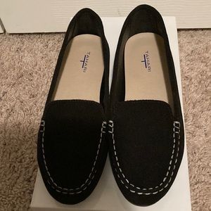 Tahari black loafers. Suede.
